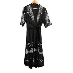 Kobi Halperin Black White Floral Eyelets Tie Waist Women's Maxi Dress Size S